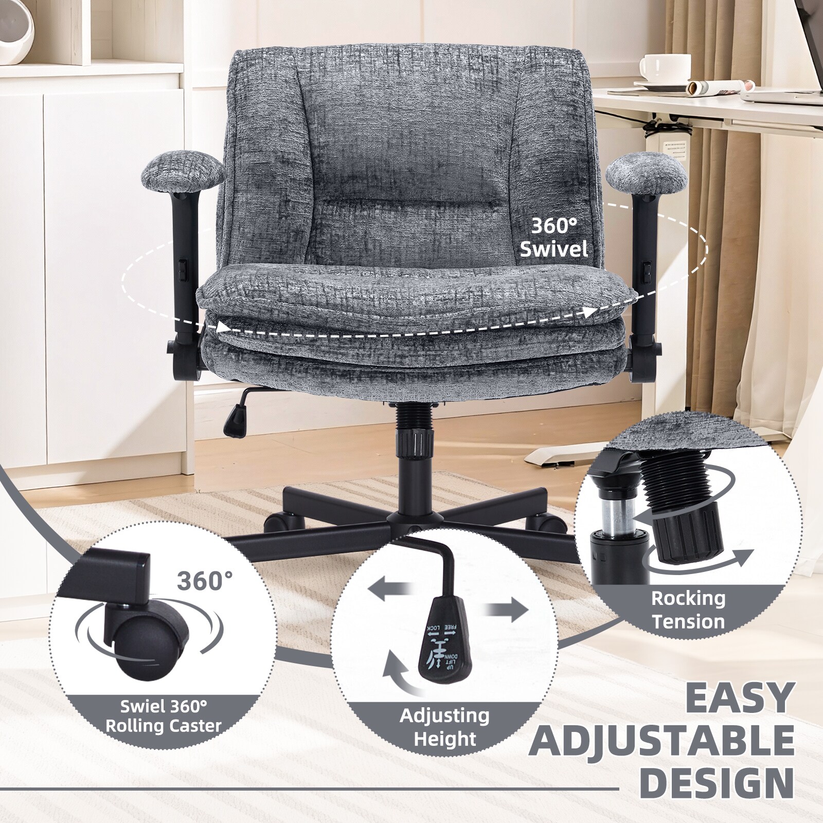 Criss Cross Chair With Wheels And Flip Arms, Upholstered Cross Legged Office Chair With 3 Layer Cushions&Dynamic Airbag Lumbar Support, Wide Seat Comfy Desk Chair For Home Office, Living Room, Grey_maomaolike.com